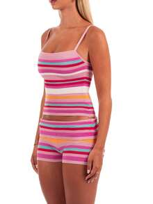 Women's Multi Stripe Knit Two Piece Set Spaghetti Strap Cami Top  High Waist Shorts Y2K Vacation Outfit - 粉色 - 查看 3