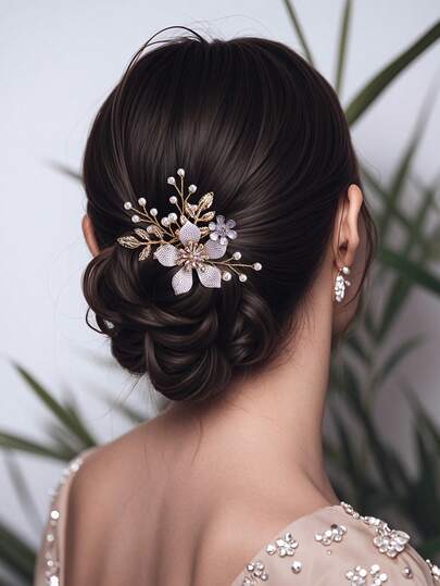 1pc Minimalist Gold Metal Flower Decor Hair Comb, Fashion Bridal Headpiece, Suitable For Party, Photography, Daily Wear