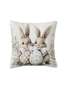 1/2/4pcs Easter Bunny & Egg Pillow Cover - Vintage Watercolor Spring Case With Bow Tie Design, Pastel Colors Suitable For Easter Home Decor, Machine Washable Cover Only (No Insert) - Apricot - View 5