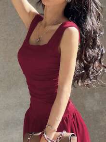 女士优雅吊带连衣裙，性感褶皱修身纯色梭织面料连衣裙，优雅夏日红色 - 紅色 - 查看 7