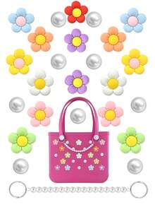 24pcs/8pcs/4pcs/1pc 5-Petal Flower Pearl DIY Bag Decoration, Bag Accessories, Suitable For Bogg Bags And Beach Totes, Shoes Charms, Flower Pearl Decor Accessories, Customizable For Your Beach Bags 8-Color Rainbow Flower Decoration Accessories. These Charming Accessories Inject Personalized Style And Vibrant Colors Into Your Bogg Bags Making It Easy To Showcase Your Bag Personalized And Identify Your Bags With These Unique, Eye-Catching Decorations. - Multicolor - View 1