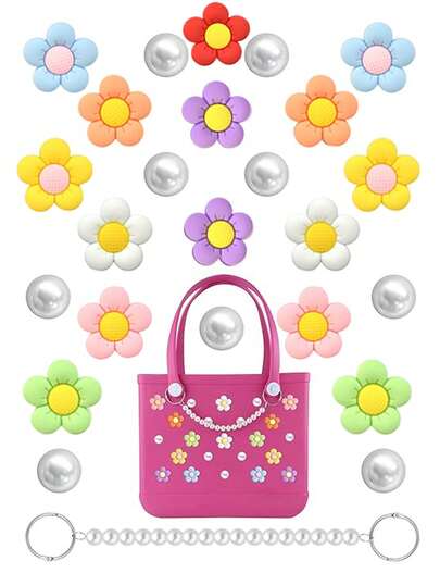 24 piezas/8 piezas/4 piezas/1 pieza Flor de 5 pétalos con perla DIY para decoración de bolsos, accesorios de bolsos, adecuado para bolsos Bogg y bolsos de playa, dijes para zapatos, accesorios de decoración con perlas en forma de flor, personalizables para tus bolsos de playa. Accesorios de decoración de flores de 8 colores del arcoíris. Estos encantadores accesorios inyectan un estilo personalizado y colores vibrantes a tus bolsos Bogg, lo que facilita mostrar la personalización de tu bolso e identificar tus bolsos con estas decoraciones únicas y llamativas.