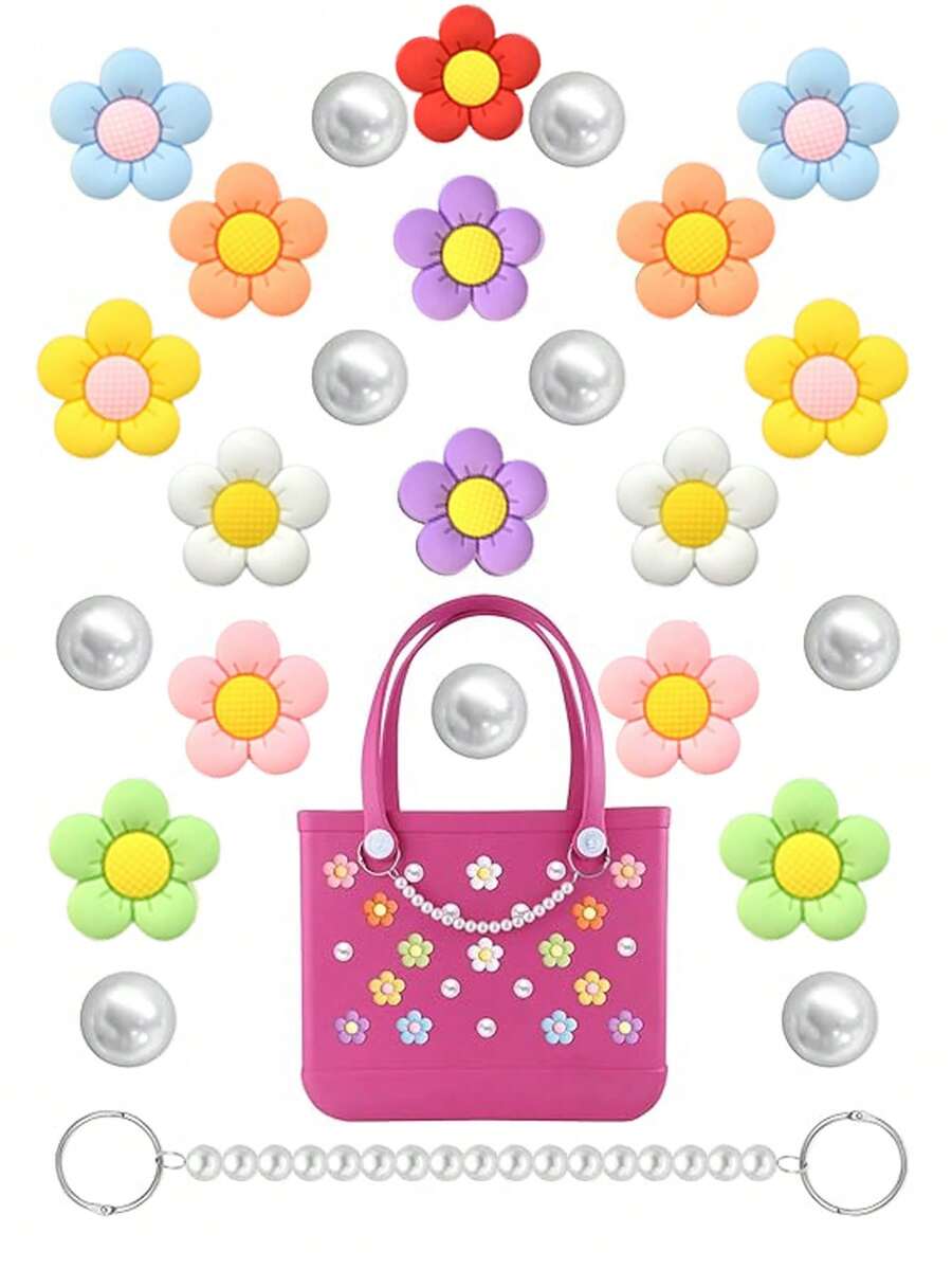 24pcs/8pcs/4pcs/1pc 5-Petal Flower Pearl DIY Bag Decoration, Bag Accessories, Suitable For Bogg Bags And Beach Totes, Shoes Charms, Flower Pearl Decor Accessories, Customizable For Your Beach Bags 8-Color Rainbow Flower Decoration Accessories. These Charming Accessories Inject Personalized Style And Vibrant Colors Into Your Bogg Bags Making It Easy To Showcase Your Bag Personalized And Identify Your Bags With These Unique, Eye-Catching Decorations. - Multicolor - View 1