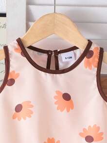 2pcs Baby Girls' Vacation Floral Print Sleeveless Top + Casual Bow Tie Pants Set, Summer - Coral Orange - View 3