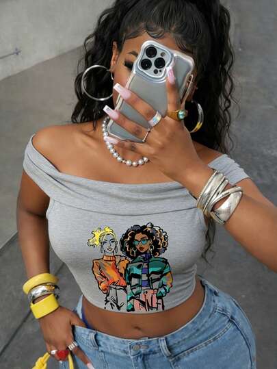 女士灰色单肩短袖T恤，性感街头露脐上衣，休闲舒适的夏季服装