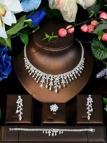 1 Set de Joyería Lujosa, Decoración de Hojas y Geométrica de Circonita Cúbica, Adecuado como Regalo de Compromiso para Mujeres - Plateado - Ver 4