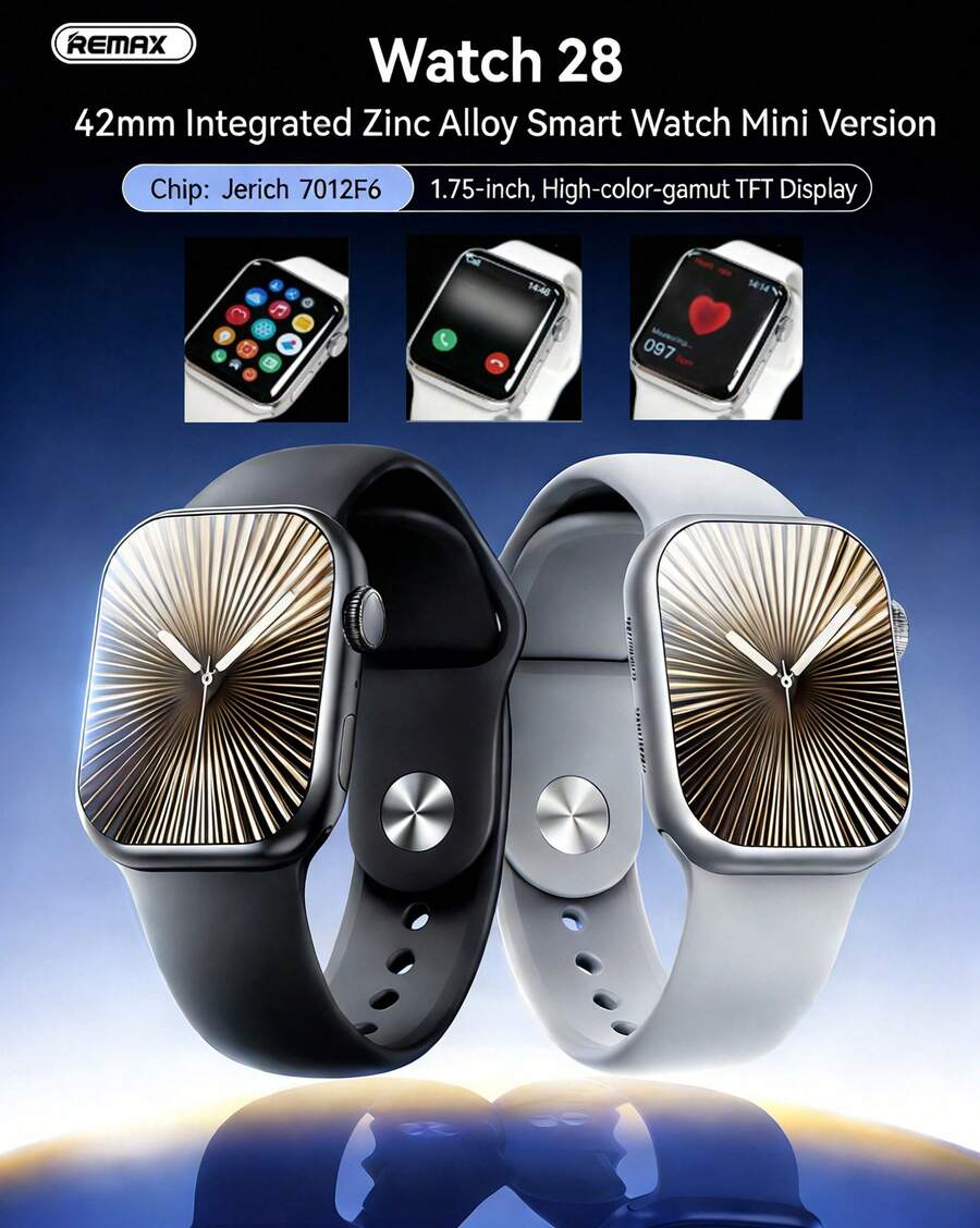Đồng hồ thông minh WATCH28 42mm phiên bản mini nâng cấp: Đồng hồ thông minh tích hợp chức năng gọi điện, thiết kế hợp kim kẽm nguyên khối, theo dõi nhịp tim, đo nồng độ oxy trong máu, theo dõi giấc ngủ, điều khiển tập luyện, điều khiển và phát nhạc, đếm bước chân.