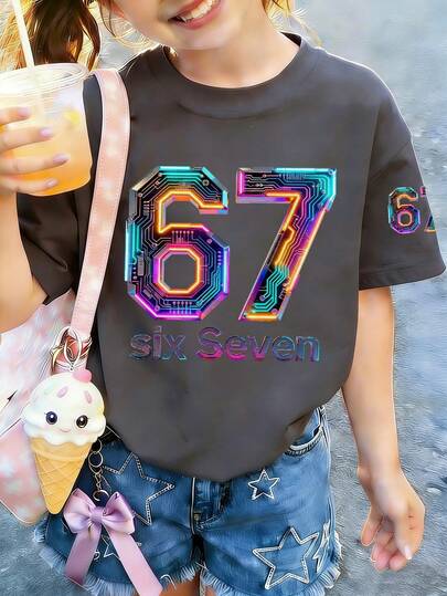 Tween Girl "SIX SEVEN" Colorful 67 Number Print T-Shirt, Suitable For Daily Wear, Street Style, Event Wear, Casual Versatile Summer Top For Girls