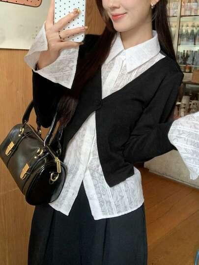 女士长袖修身二合一时尚上衣，随机面料拼接