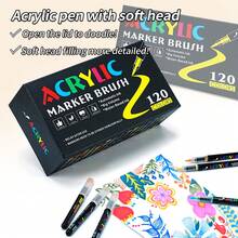 168/120/80/60色丙烯马克笔，软头彩色笔，学生美术用品，学生艺术专业绘画、岩石画、木头、石头、玻璃、陶瓷、织物绘画、DIY工艺品、返校季、圣诞礼物，12/24/36/48支装 - 黑色 - 查看 4