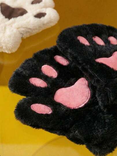 1 par de guantes sin dedos con diseño de garras de gato, gruesos, cálidos y resistentes al frío, guantes de peluche adecuados para uso diario por niñas en invierno, con cordón