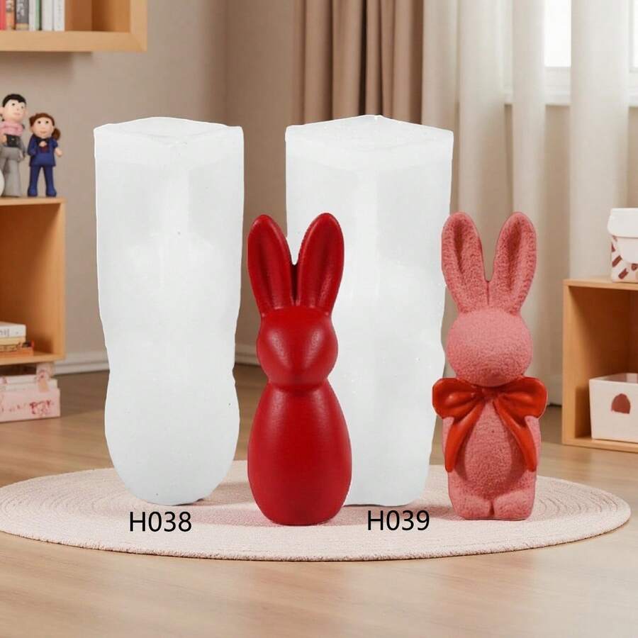 3D Minimalist Rabbit Candle Silicone Mold, Easter DIY Bow Textured Rabbit Figurine - White - View 1