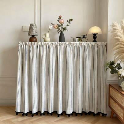 1pc American Style Curtain, Half Curtain, Japanese Blue Striped Tassel Ball Decor, Retro Countryside Kitchen Curtain