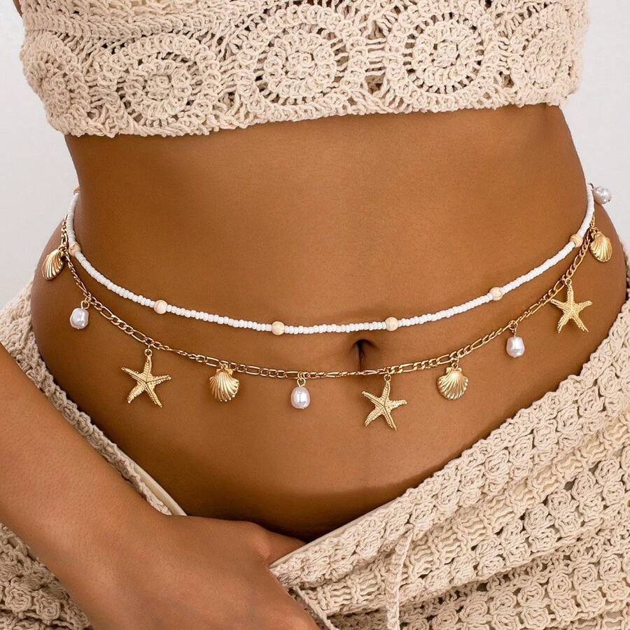 2 piezas Cadena para la cintura con cuentas con diseño de conchas y estrellas de mar de la serie Océano - Dorado - Ver 1