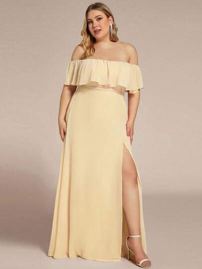 Plus Size Solid Color Ruffle Off-Shoulder Elegant Yellow Bridesmaid Dress, Suitable For Parties, Weddings And Ceremonies