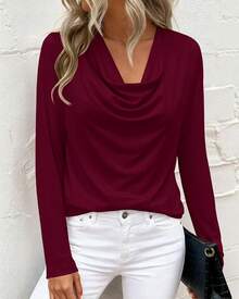 Womens Spring Tops 2026 Dressy Cowl Neck Long Sleeve Shirts Loose Business Casual Blouses Teacher Tunic Top - 酒紅色 - 查看 8