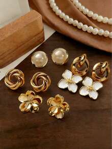 5 Pairs Luxury Fashion Elegant Versatile Geometric Circle Flower Stud Earrings Set, Suitable For Women's Daily And Holiday Wear - Five-piece Set - Style a - View 1