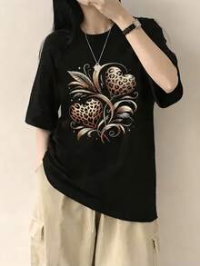 女士圆领短袖T恤，夏季新款心形豹纹印花，时尚休闲百搭宽松上衣 - 黑色 - 查看 1