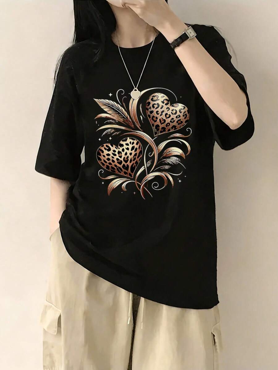 女士圆领短袖T恤，夏季新款心形豹纹印花，时尚休闲百搭宽松上衣 - 黑色 - 查看 1