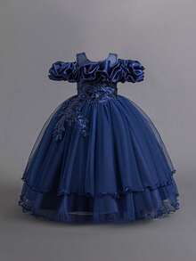 少女亮片仿珍珠贴花薄纱蓬蓬裙公主裙，适合生日庆祝、舞会等场合，仿珍珠装饰，不含头饰 - 藏蓝色 - 查看 2