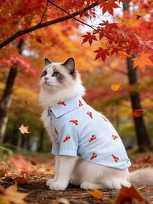 条纹龙虾印花猫咪衬衫，轻盈透气的春夏狗狗服装 - 淺藍色 - 查看 3