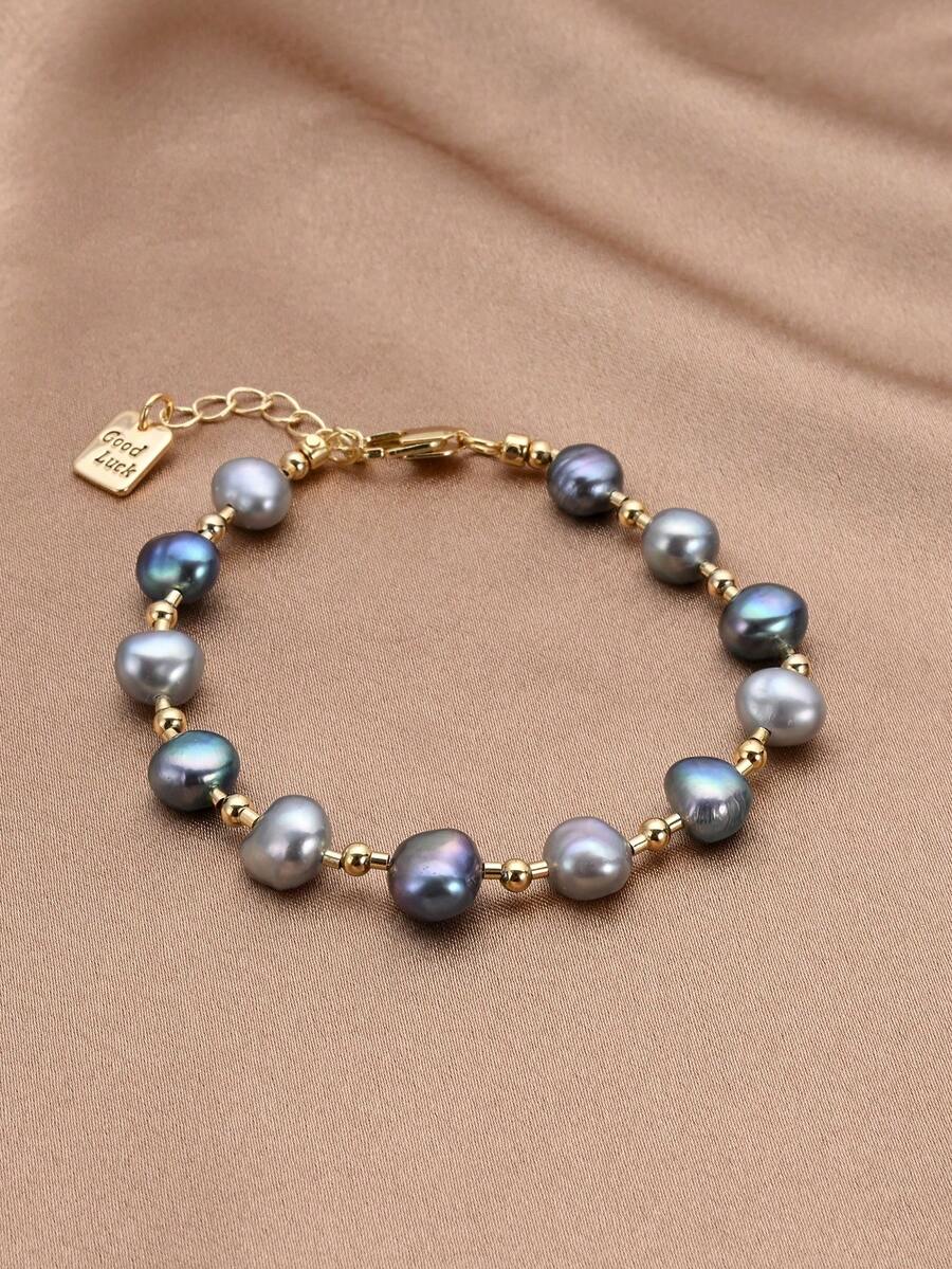 1 chiếc vòng tay ngọc trai tự nhiên hình dạng bất thường mạ vàng 18K, thích hợp để đeo hàng ngày, làm quà tặng Ngày của Mẹ, Ngày Valentine, đám cưới, quà cô dâu, quà sinh nhật. - Màu xanh hải quân - Xem 1