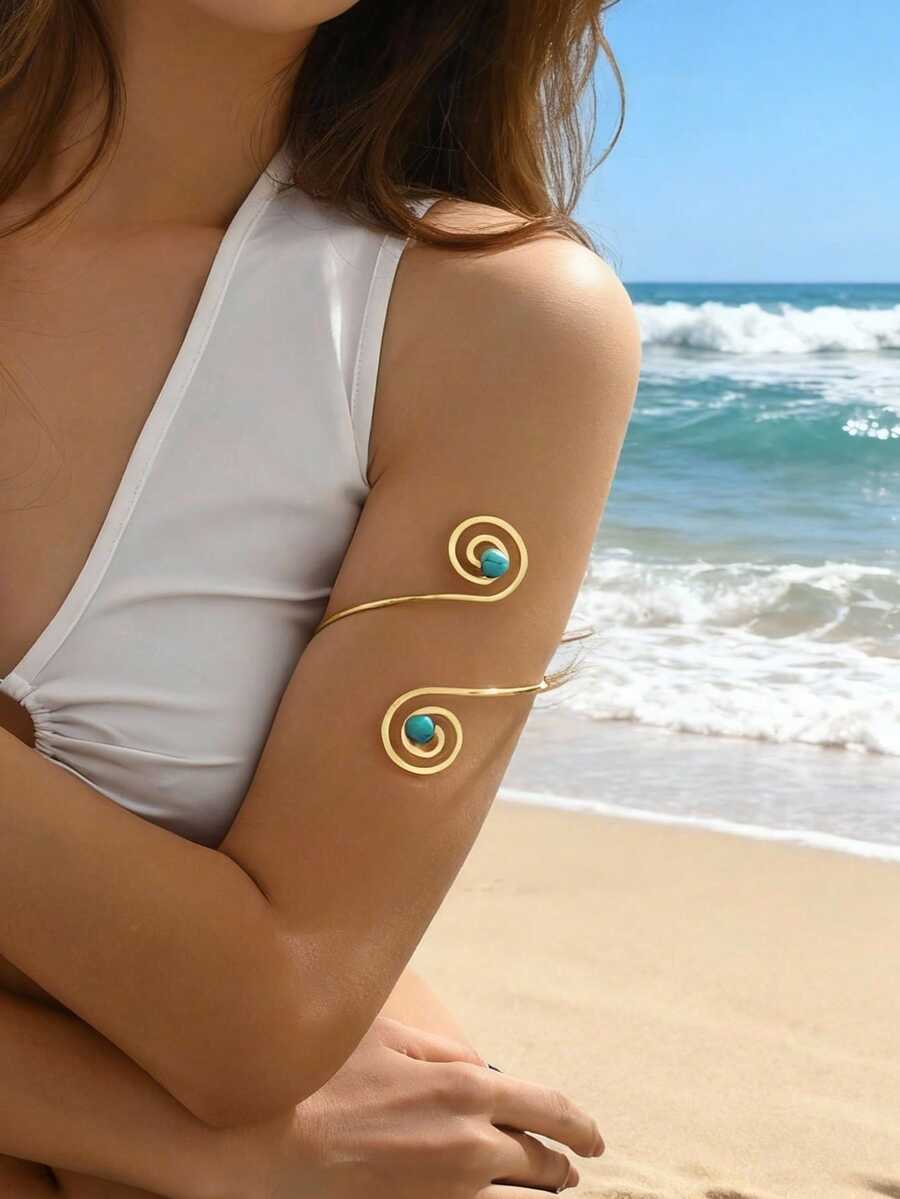 1pc Fashionable Minimalist Faux Turquoise Spiral Bracelet, Suitable For Daily Wear, Beach, Vacation, Valentine's Day, Friend's Birthday, Vacation Gift