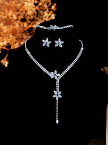 4 piezas Conjunto de joyería de collar, aretes y pulsera con diamante de imitación geométricos de lujo, accesorios elegantes y de moda adecuados para bodas, fiestas y uso diario - Plateado - Ver 3