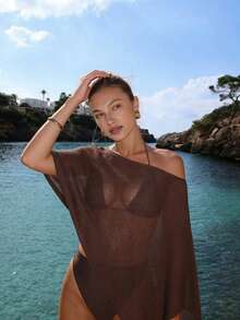 Women's Y2K Style Brown Knit Open Shoulder Top, Comfortable Loose Fit, Bohemian Sexy Beach Vacation Wear Summer - Red Coffee - View 6