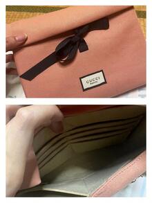 GUCCI Linen Satin Powder Pink Cosmetic Bag, Black Bow Decor, Cute Elegant Envelope Clutch, Handbag, Couple's Date Makeup Organizer - Pink - View 7