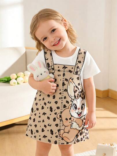 Summer New Baby Girls Cute Cartoon Rabbit & Leopard Print Suspender Dress, Loose Casual Sweet Comfy Short Sleeve Dress, Fashionable Infant/Toddler Girl Breathable Summer Outfit