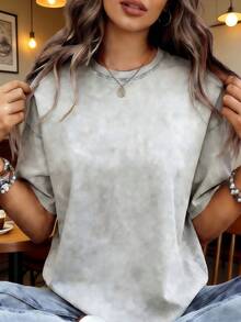 The Size Is Larger Than Usual. It Is Recommended To Size Down By Two Numbers. New Heavy Cotton T-Shirt, American Retro Vintage Washed Distressed Charcoal Solid Color Crew Neck Top, Lazy Oversize Unisex Style Clothing - Xám - Xem 1
