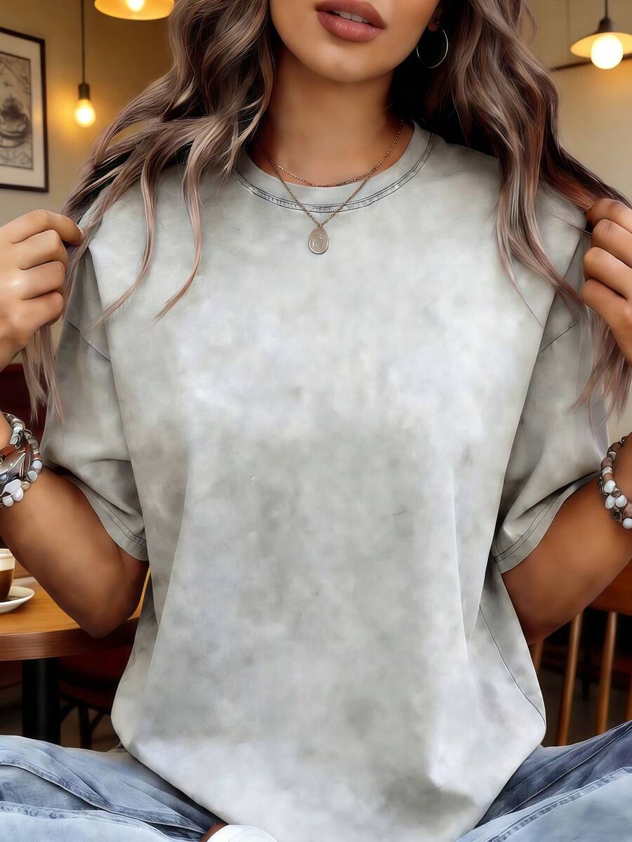 The Size Is Larger Than Usual. It Is Recommended To Size Down By Two Numbers. New Heavy Cotton T-Shirt, American Retro Vintage Washed Distressed Charcoal Solid Color Crew Neck Top, Lazy Oversize Unisex Style Clothing - Xám - Xem 1
