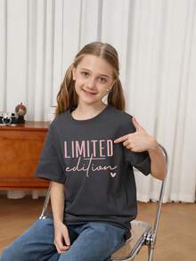 少女休闲印花圆领短袖T恤，夏季上衣 - 深灰色 - 查看 2