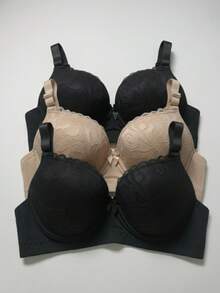 Set Of 3 Lace Bras With Adjustable Straps, Reinforced Cups, Comfortable, Premium Polyamide - 2 Black and 1 Beige - View 1
