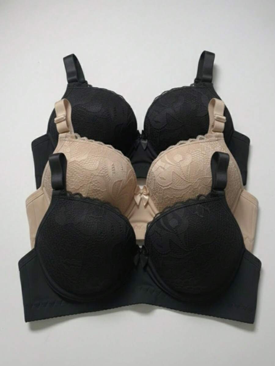 Set Of 3 Lace Bras With Adjustable Straps, Reinforced Cups, Comfortable, Premium Polyamide - 2 Black and 1 Beige - View 1