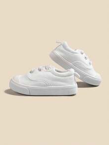 1 Pair Kids Solid Canvas Shoes Breathable Round Toe Lace Up Flat Casual Sneakers For School Daily Walking - White - View 3