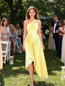 One Shoulder Chiffon Long Dress With Pleated Bodice, Adjustable Tie Back Cutout Design & Asymmetrical High-Low Hem, Flowing A-Line Silhouette With Lightweight Draping Fabric, Bright And Graceful Bridesmaid Dress & Wedding Guest Gown For Wedding Ceremony, Bridal Party, Engagement Event, Garden Wedding, Outdoor Reception, Formal Evening, Holiday Celebration, Birthday Dinner, Summer Party, Semi-Formal Occasion & Special Events - 藏蓝色 - 查看 2