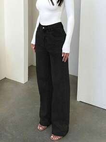 Plus Size Women's Retro Minimalist Elastic Waist Loose Straight Leg Jeans Casual Black Spring - màu đen - Xem 2
