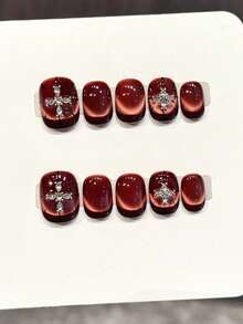 10Pcs Burgundy Cat Eye Rhinestone Press On Nails With Red Diamond Starburst Design For Women - Red - View 4