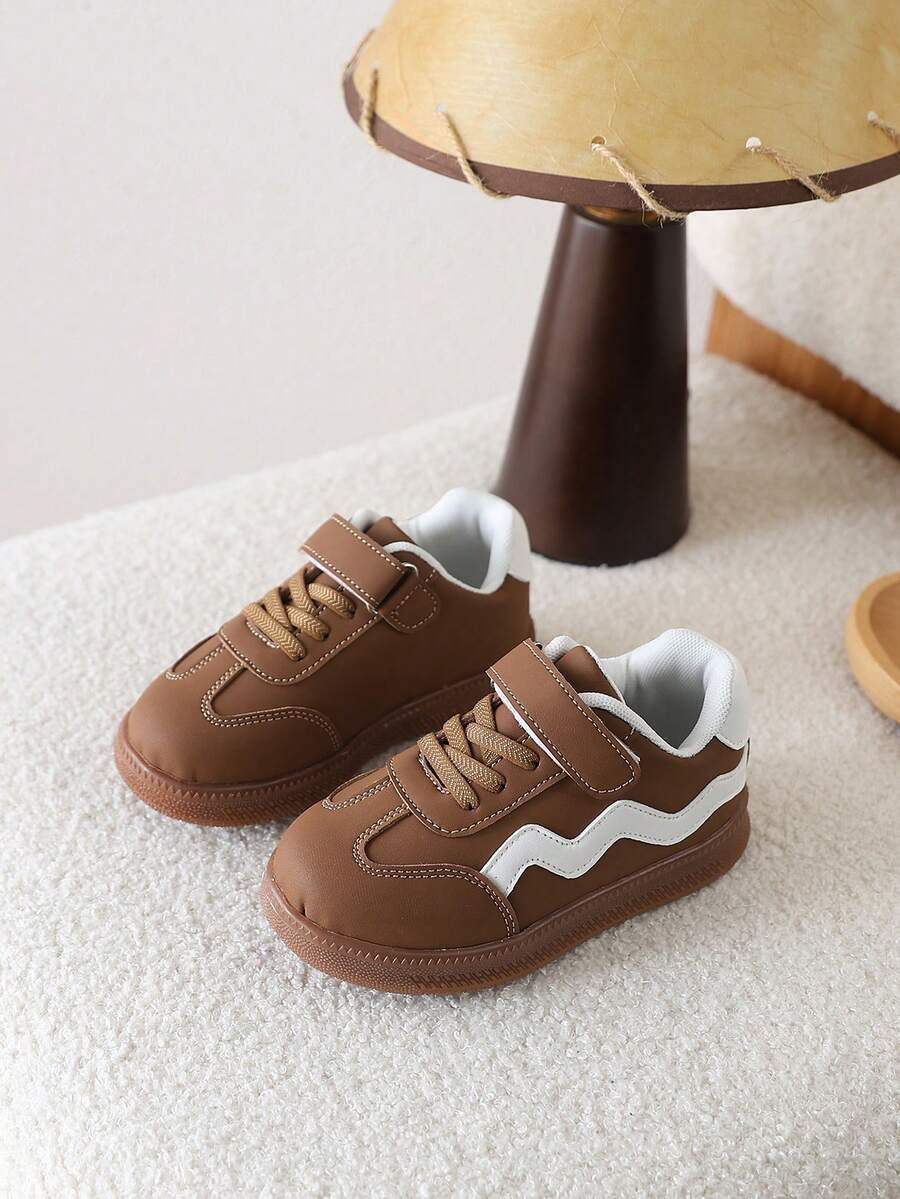 1 Pair Leather Casual Sneakers With Hook And Loop Soft Sole - Brown - View 1