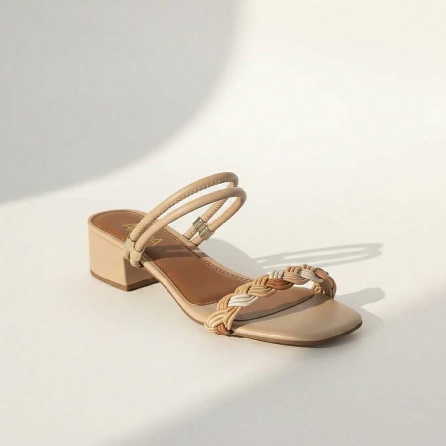 Colorful Braided Block Heel Sandal, Easy To Slip On, Versatile - Màu be - Xem 1