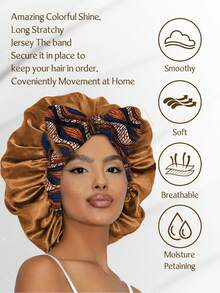 1pc Navy Blue Bohemian Design Satin Silk Sleep Cap, With Drawstring, Sleeping Hair Cap, Elastic Wide-Banded Silk Sleep Hat, Soft & Breathable (Random Print Pattern) - Navy Blue NPSM11 - View 16