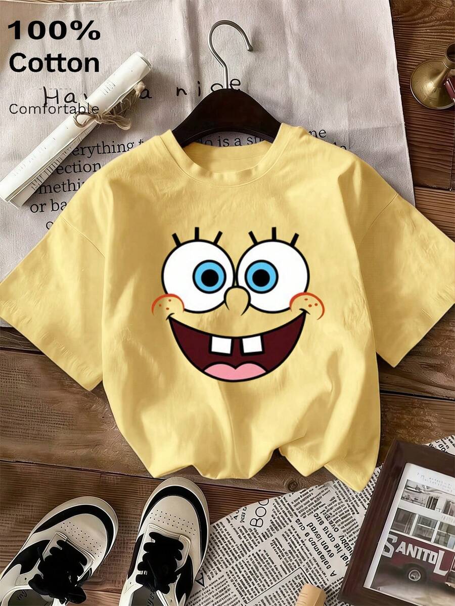 SpongeBob SquarePants Áo thun nữ tay ngắn cổ tròn màu trơn, dáng rộng, 100% cotton, mềm mại và thoải mái, phong cách thường ngày, đường phố, in hình hoạt hình động vật dễ thương, áo mùa hè, áo nữ, áo thun nữ, quần áo nữ, nữ mùa hè, quần áo mùa hè cho nữ, thể thao, áo mùa hè, nữ, áo thun tập gym nữ, áo thun cơ bản, áo thun tay ngắn nữ, mùa hè, trang phục lễ hội nữ, Y2K, áo thun mùa thu đông vui nhộn, kỳ nghỉ, bãi biển, thường ngày, quần áo thập niên 90, áo dễ thương, quần áo nữ lễ Phục sinh, lễ hội hóa trang, mọi mùa, văn phòng/phòng khách/nhà/thể thao ngoài trời/đơn giản, nữ phương Tây, trang phục, áo màu vàng. - nghệ. - Xem 1