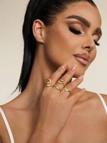 Altistry 4 Stücke/Set Retro Mode geometrische offene Kreis Liquid asymmetrische Ring Set, charmanter Schmuck für Frauen, geeignet für Partys und den täglichen Gebrauch - Goldgelb - Übersicht 2