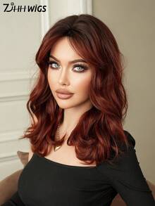 7JHH WIGS Peruka średniej długości w kolorze czerwonego wina, kręcona, dla kobiet, 18 cali, do ramion, falowane peruki z grzywką, ciemne odrosty, naturalna syntetyczna peruka z włókien odpornych na ciepło, dla dziewcząt, do codziennego użytku na imprezy - Burgund - Zobacz 2