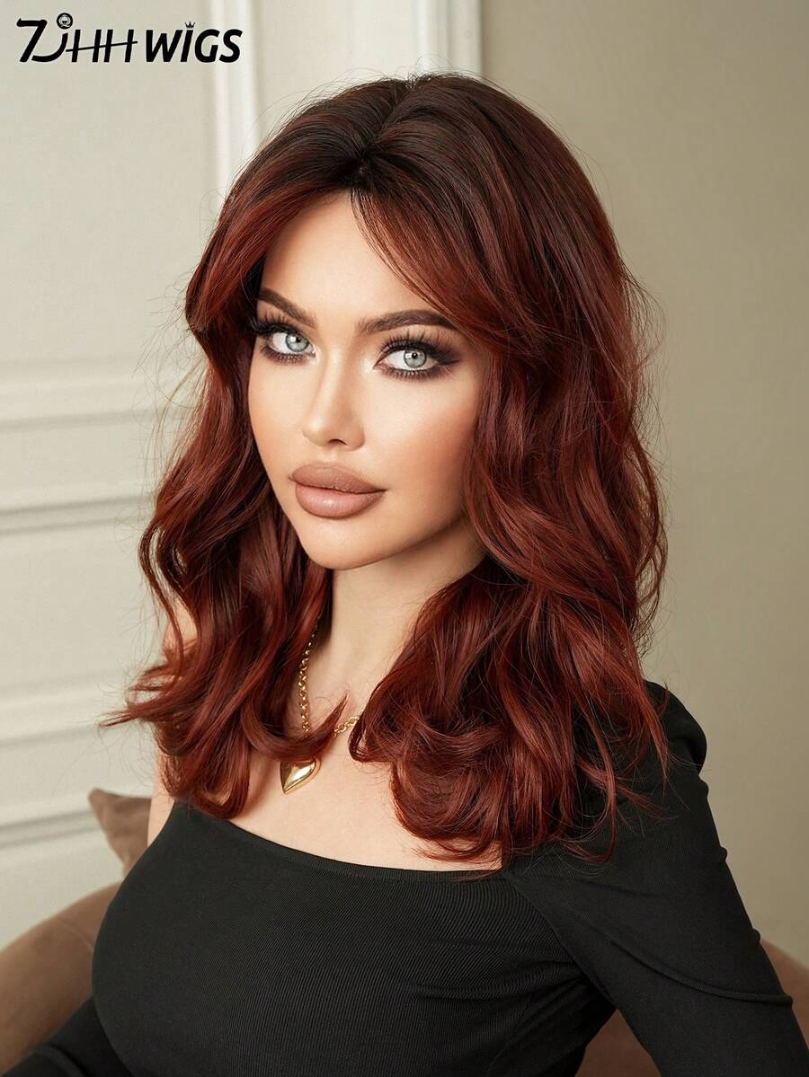7JHH WIGS Peruka średniej długości w kolorze czerwonego wina, kręcona, dla kobiet, 18 cali, do ramion, falowane peruki z grzywką, ciemne odrosty, naturalna syntetyczna peruka z włókien odpornych na ciepło, dla dziewcząt, do codziennego użytku na imprezy
