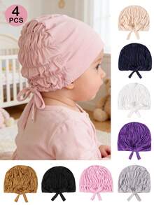 4顶婴儿新生儿帽子，穆斯林头巾内衬帽，带系带头巾帽，适合0-12个月的男婴女婴，柔软弹力，多色可选，可作为婴儿洗礼装饰礼物或周岁生日礼物。 - 彩色 - 查看 9