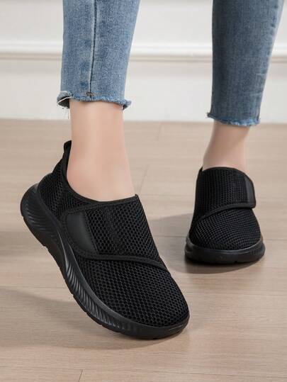 Plus Size Women's Flat Slip-On Shoes, Adjustable Strap Design, Comfortable Breathable Fabric, Lightweight Casual Athletic Walking Shoes