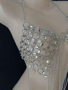 DEKUNER Women's Rhinestone Chain Bra Top - Sparkly Beads Chest Chain Jewelry For Bold New Year Parties, Club Nights & Masquerade Balls - Silver - View 5